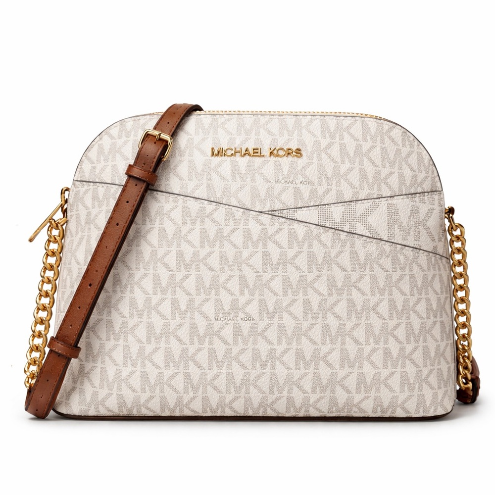 Michael Kors Beige Logo Crossbody Bag with Brown Strap and Gold Hardware